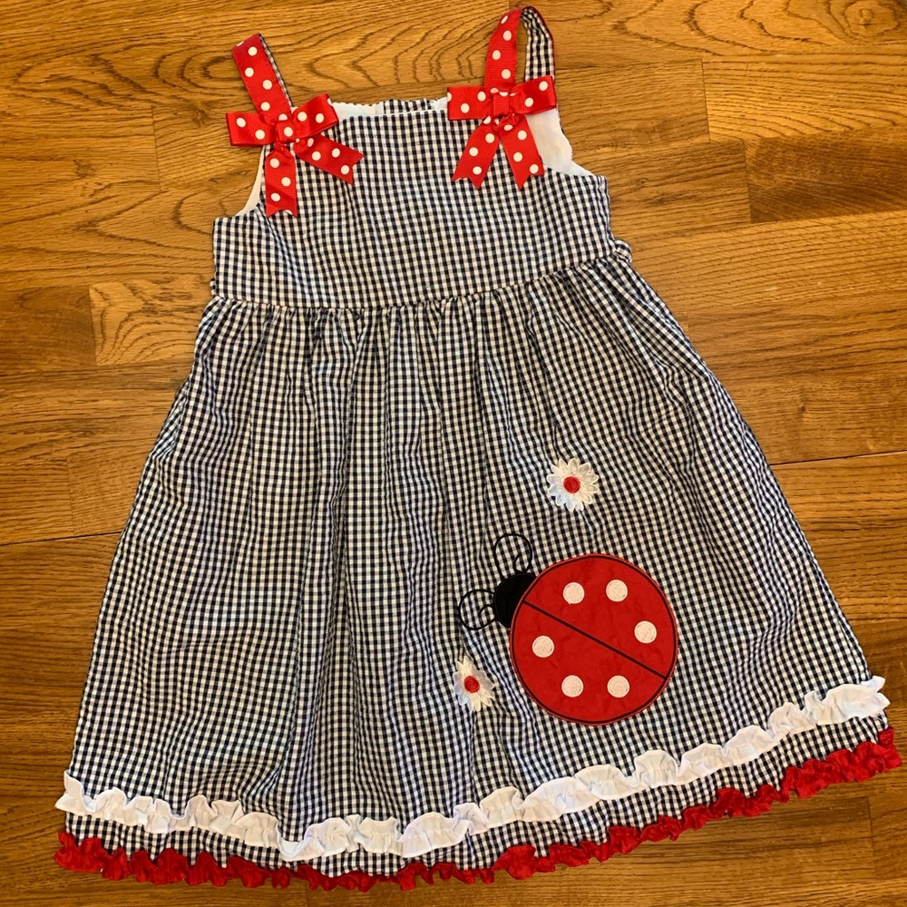 Toddler dress, navy/white checks with ladybug